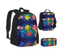 CPEOWZL Sac d'école imprimé vie marine + trousse + sac à déjeuner pour enfants filles, Noir , Taille unique