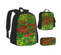 CPEOWZL Sac d'école rouge avec imprimé paysage de prairie + trousse à crayons + sac à déjeuner pour enfants filles, Noir , Taille unique