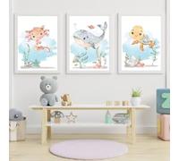 Lot de 3 Baleine Tortue Marine Animal Garderie Impressions Affiches Nordiques Art Mural Toile Peinture Photos Bébé Enfants Chambre Chambre Salle de Bains Decor-A4 (Sans Cadre)