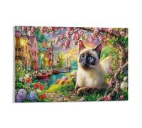 CPLVKWRQJ chat mignon Single Siamese Cat Spring Canal Village Fleurs Art Sur Toile Cadeau De Réveillon Pour Un Tableau En Toile Unique Salon Mur De Galerie Point Focal 16x24inch(40x60cm)
