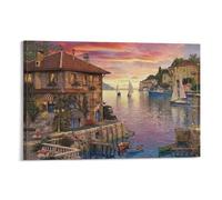 CPLVKWRQJ Coucher de soleil Village côtier Single Peinture de coucher de soleil de Lake Town Art Mural Encadré Cadeau Anniversaire Tableau En Toile Surprise Personnalisée 20x30inch(50x75cm)