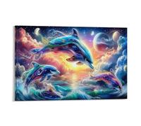 CPLVKWRQJ Dauphin Paradise Single Dauphins Cosmic Ocean Art Sur Toile Art Mural Amovible Décoration Murale En Toile Pour Cuisine Espace Économisant Prêt À Accrocher 08x12inch(20x30cm)