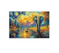 CPLVKWRQJ éléphant Sunset Individuel éléphant Van Gogh Starry Night River Œuvre D'art Murale Cadeau Pour Elle/Lui - Décoration En Toile Unique Salon Mur De Galerie 12x18inch(30x45cm)