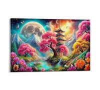 CPLVKWRQJ Fleurs Montagnes Rivières Individuel Pagoda Fleurs de cerisier Lune Art Mural Maison Peinture Résistante Décoloration Office Canvas Point Focal 20x30inch(50x75cm)