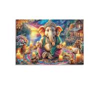 CPLVKWRQJ Ganesha, bougies mignonnes, village de rivière, coucher de soleil, art mural encadré pour bureau, résistant à la décoloration, prêt à accrocher, 08x12inch(20x30cm)