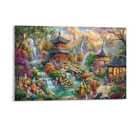 CPLVKWRQJ Paradis oriental, pavillons chinois, cascades, jardin, art sur toile à suspendre pour chambre d’enfant, décor multifonctionnel, prêt à accrocher, 12x18inch(30x45cm)