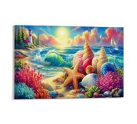 CPLVKWRQJ Paysage côtier 1 Pièce Coquillages étoile mer plage phare jour ensoleillé Toile nursery Prêt à accrocher 20x30inch(50x75cm)
