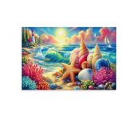 CPLVKWRQJ Paysage côtier Individuel Seashells Starfish Beach Phare Jour ensoleillé Œuvre D'art Murale Cadeau Pour Elle/Lui - Décoration En Toile Unique Salon Mur De Galerie 12x18inch(30x45cm)