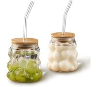 Cpolebev 2 Pièces de Verres en Forme de Raisin avec Couvercles en Bambou et Pailles, Ensemble de Verres à Boire de 12 Oz, Tasses à Café pour Eau, Thé, Jus.