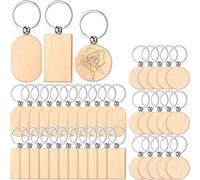 Cpolebev 48 Pièces Porte-Clés en Bois Vierges Gravure sur Bois Porte-Clés Inachevé Rectangle Ovale Rond Étiquette de Clé en Bois pour Cadeau de Bricolage
