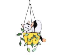 Cpolebev Chat dans Un Pot de Fleurs Vitrail Hangins, Crystal, Acrylique Suncatchers Kit, Wall Art B