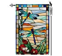 Cpolebev Drapeau de Jardin Libellule en Verre Style Fleurs Drapeau de Jardin Vertical Double Face Rustique en Toile de pour Décoration Extérieure