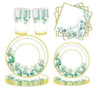 Cpolebev Ensemble D'Assiettes en Carton Vert pour 24 Personnes Ensemble de Décoration en Papier Ensemble D'Assiettes et de Gobelets en Papier Vert Sauge pour Fournitures de Fête D'Anniversaire, Mariag