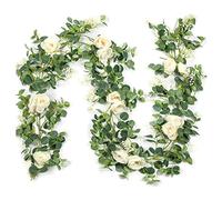 Cpolebev Lot de 2 Guirlandes D'Eucalyptus avec Rose Champagne, Guirlande de en Vrac, Feuilles D'Eucalyptus Florales en Soie Artificielle (C)