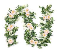 Cpolebev Lot de 2 Guirlandes D'Eucalyptus avec Rose Champagne, Guirlande de en Vrac, Feuilles D'Eucalyptus Florales en Soie Artificielle (B)