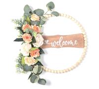Cpolebev Panneau de Bienvenue pour Porte D'Entrée, Perles de Bois et Couronne D'Eucalyptus, Couronne Florale Intérieure et Extérieure Toutes Saisons