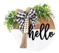Cpolebev Panneau de Porte de Bienvenue/Décor Rustique pour Porte D'Entrée, Chambre à Coucher, Frontons Muraux Suspendus en Bois avec Perles de Bois Rustiques Blanches Durables
