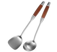 Cpolebev Spatule en Acier Inoxydable pour Acier au, Spatule de Wok en Acier Inoxydable en Métal, Ensemble D'Outils de Wok, Louche à Soupe avec Manche en Bois, Facile à Utiliser et Réut