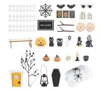 CPROSP 33 Pcs Décoration Halloween Miniature, Maison Miniature avec Elfes, Citrouilles, Fantômes, Araignées, Chauves-Souris, Squelettes et Portes Elfiques