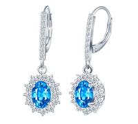 CPSLOVE Boucles d'oreilles femmes en pierres précieuses - Pendantes d'oreilles zircones bleu océan ovales à fermoir français - Créoles en argent 925 - Bijoux étincelants pour mariages quotidien