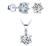 CPSLOVE Collier et Boucles d'oreilles de diamant solitaire pour femmes et filles, Bijoux parures en argent 925, Pendentif diamant à six griffes, Clou d'oreille diamant à six griffes, zircon, argent