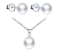 CPSLOVE Collier et Boucles d'oreilles de perle pour femmes et filles, Bijoux parures en argent 925, Collier Pendentif perle ronde blanche élégant, Clou d'oreille perle ronde blanche, argent