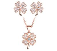CPSLOVE Collier et boucles d'oreilles de trèfle à quatre feuilles pour femmes filles, Ensemble de bijoux de trèfle, en argent 925, Collier pendentif trèfle, Clous d'oreilles trèfle, zircon, Or rose