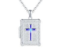 CPSLOVE Colliers photos en argent 925 pour femme, Médaillon créatif, Pendentif carré de bible croix bleu, Bijoux fantaisie