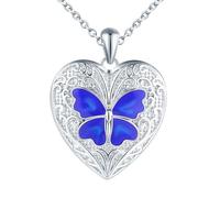 CPSLOVE Colliers photos en argent 925 pour femme, Médaillon cœur créatif, Pendentif papillon bleu élégant, Bijoux fantaisie