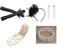 CQXSYTBN accessoires années 20 femme set 7 pièces noir avec gants longs perles et bandeau plume pour soirée rétro déguisement Charleston Gatsby fête vintage