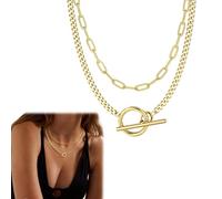 CQXSYTBN Collier Femme Plaqué Or 14K avec Chaîne Cuban Link et Paperclip, Collier Ras de Cou Empilable, Argent Or avec Fermoir Toggle, 2 Pièces