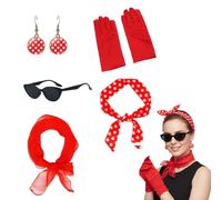 CQXSYTBN Kit Accessoires Années 50 Femme 5 Pièces, Costume Pin-up à Pois pour Pâques et Carnaval, Panoplie Vintage avec Lunettes Œil de Chat et Gants Rouges, Look Rockabilly Festival 2026