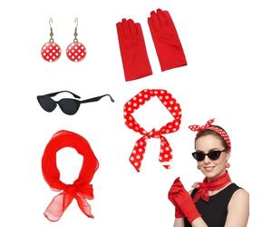 CQXSYTBN Kit Accessoires Années 50 Femme 5 Pièces, Costume Pin-up à Pois pour Pâques et Carnaval, Panoplie Vintage avec Lunettes Œil de Chat et Gants Rouges, Look Rockabilly Festival 2026
