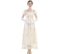 CR ROLECOS Regency Dress Jane Austen Robe victorienne pour thé Blanc, Robe dorée+gants, S