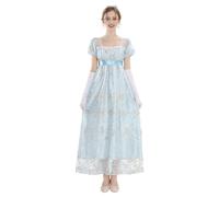 CR ROLECOS Robe Regency Jane Austen - Robe florale victorienne - Pour le thé, Robe bleue + gants, M