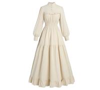 CR ROLECOS Robe victorienne à manches longues pour femmes - Robe édouardienne médiévale de la Renaissance - Beige - Taille S