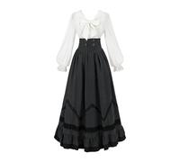 CR ROLECOS Robe victorienne femme Vêtement médiéval pour dames Robe de bal femme Longue Robe victorienne à 2 pièces avec chemisier et jupe vintage médiévale Ensemble pour soirée thé, Noir , XXL