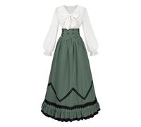 CR ROLECOS Robe victorienne femme Vêtement médiéval pour dames Robe de bal femme Longue Robe victorienne à 2 pièces avec chemisier et jupe vintage médiévale Ensemble pour soirée thé, vert, S