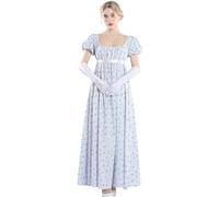 CR ROLECOS Robe victorienne, robe de Régence anglaise pour femme - Robe de bal bouffante style Bridgerton avec gants, Fleur bleue., L