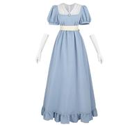 CR ROLECOS Viktorianisches Kleid Damen Kleider 19 Jahrhundert Puffärmel V-Ausschnitt Regency Kleid Empire Abendkleider mit Handschuhe Teeparty Ballkleid Damen Lang Prinzessin Hellblau M