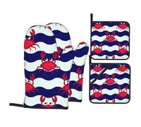 Crab on The Waves Heat Resistant Oven Mitts and Pot Holders Set of 4-500°f Protection Utensil Pocket for Grilling, Baking, Cooking