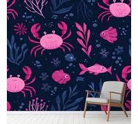 Crabe Poisson Marin Animaux Autocollant Papier Peint, Dessin Animé Vie Marine Resistant a l'eau Mural, Monde Sous-Marin Stickers Muraux poster Pour Salon Chambre Cuisine Décoration Murale 315x450 cm