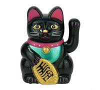 Crabop Chat porte-bonheur électrique agitant - 20,3 cm - Chat qui fait signe avec pépite dorée, pour ouverture de magasin, bureau, décoration d'intérieur (noir)