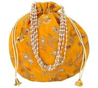 Craft Trade Sacs Potli indiens pour femmes, sacs à main à cordon avec broderies en fil doré et paillettes rajasthani pour cadeaux de fête de mariage, jaune, Medium