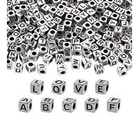 Craftdady Lot de 1 000 perles cubiques en acrylique avec lettres de l'alphabet argentées et noires à grand trou pour la fabrication de bracelets d'amitié, bijoux avec trou : 3,8 mm