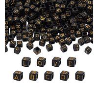 Craftdady Lot de 1 000 perles cubiques en acrylique avec lettres de l'alphabet et initiales noires dorées à grand trou pour la fabrication de bracelets d'amitié, bijoux avec trou : 3,8 mm