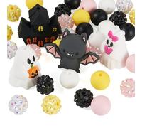 Craftdady Lot de 20 perles rondes en silicone sur le thème d'Halloween, chauve-souris, fantôme, 16 perles en strass en résine pour loisirs créatifs, stylos, porte-clés, bracelets, fournitures de