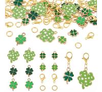 Craftdady Lot de 30 breloques en forme de trèfle à quatre feuilles en émail avec fermoirs mousquetons en alliage doré et anneaux ouverts fermés pour loisirs créatifs, boucles d'oreilles, colliers