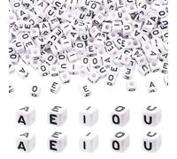 Craftdady Lot de 300 perles carrées en acrylique blanc avec lettres de l'alphabet A/E/I/O/U - 7 mm - Perles en cube pour bracelets d'amitié, colliers et fabrication de bijoux