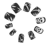 CRAFTHROU 24 Pièces Ongles Courts à Pression Noirs en Plastique Forme Crâne pour Halloween, Couverture Complète Sécurisée, Manucure Gothique pour Soirée